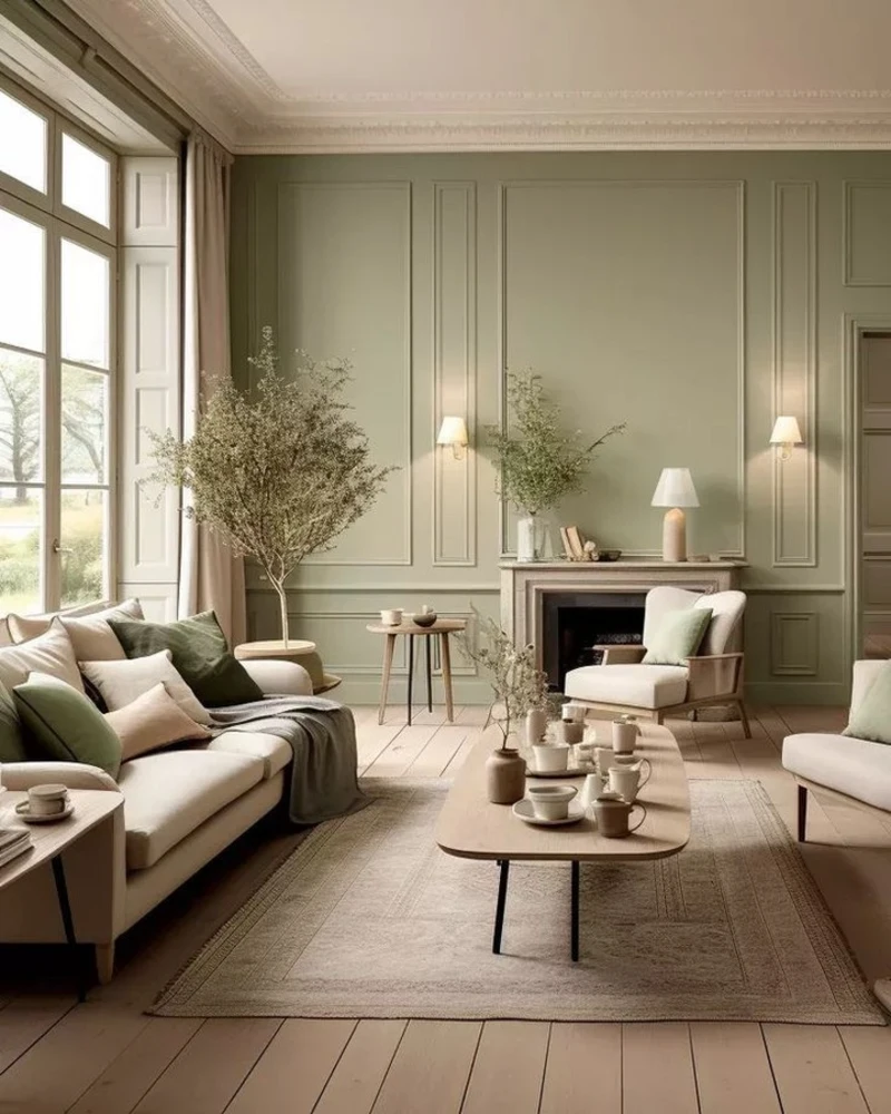 Sage Green Paneled Walls with Cream Seating, Fireplace, and Large Potted Olive Tree
