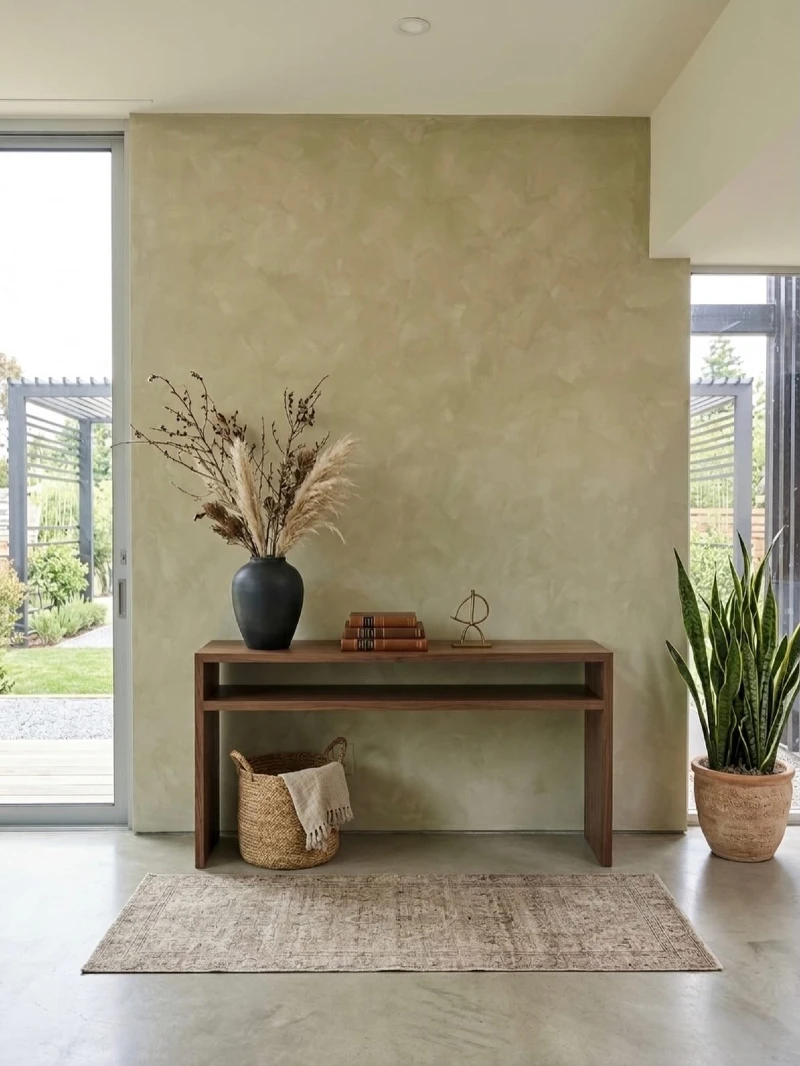 Sage Green Plaster Accent with Walnut Console Table