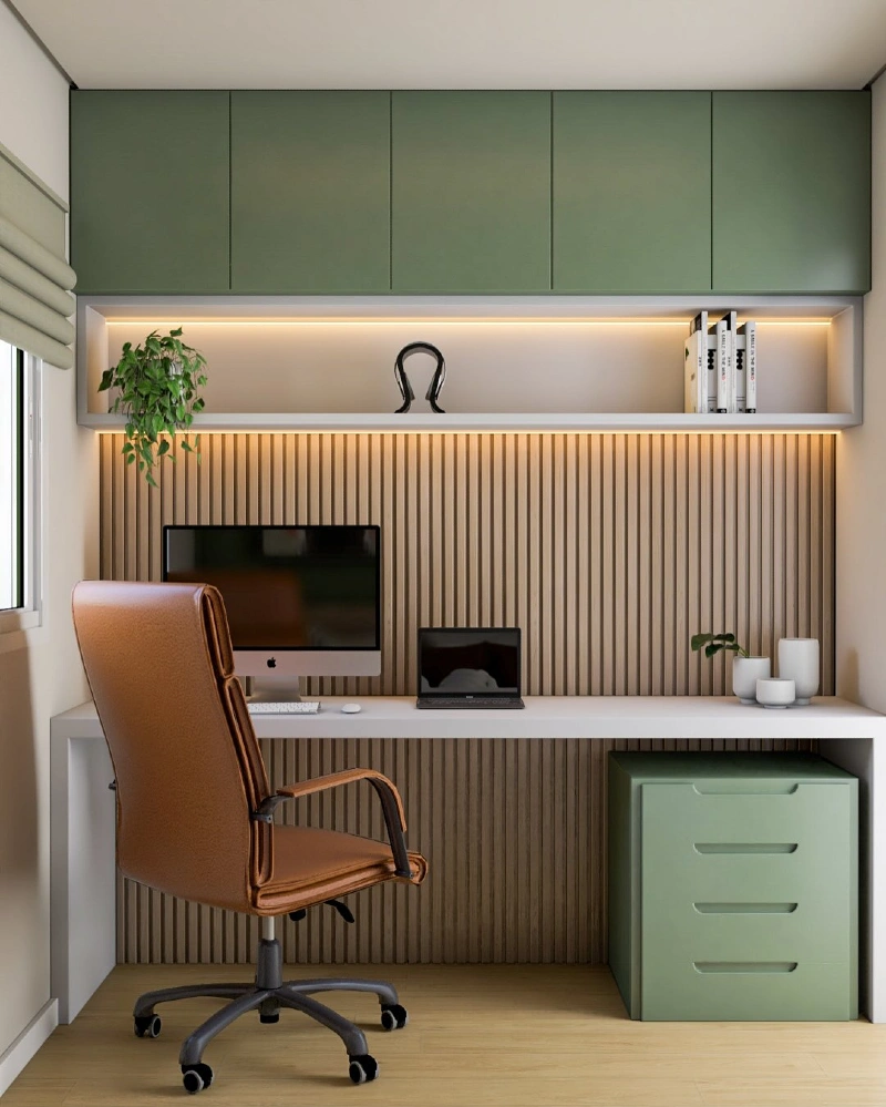 Sage Green Upper Cabinets with Fluted Wood Feature Wall and Floating Desk