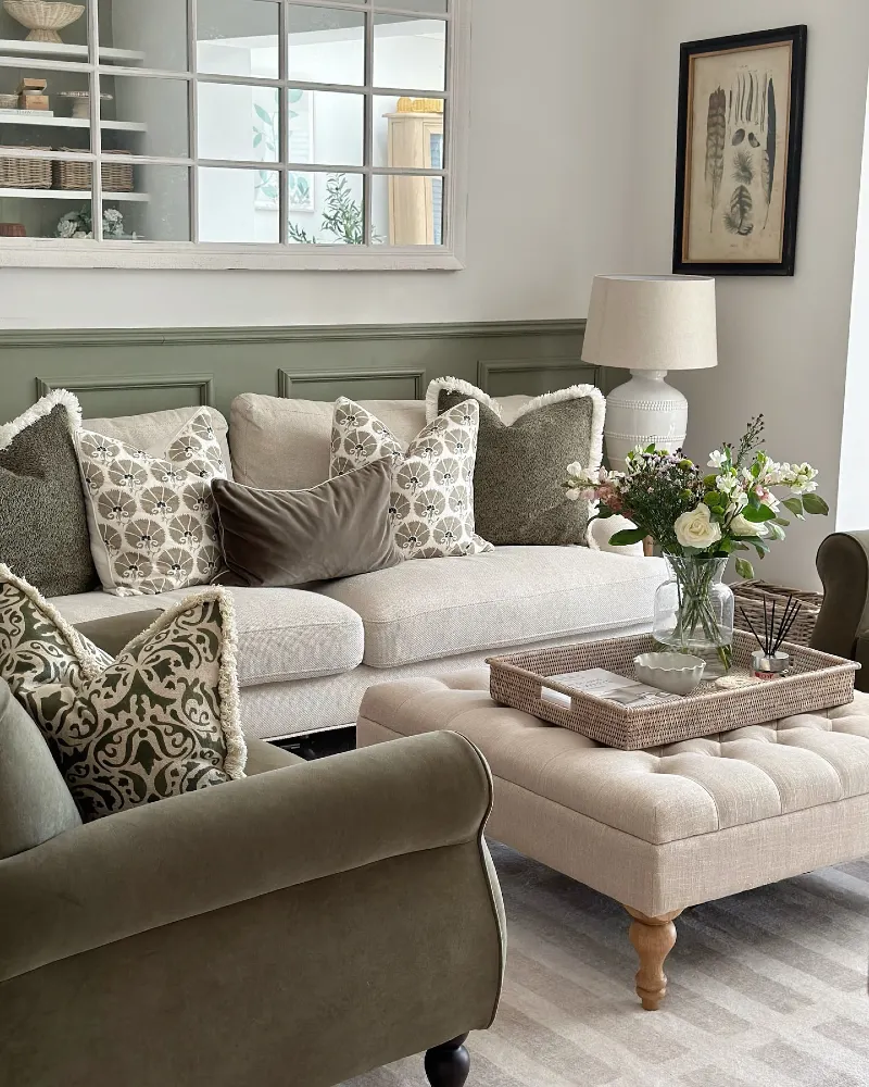 Sage Green Wainscoting with Cream Sofa, Tufted Ottoman Coffee Table, and Velvet Armchair