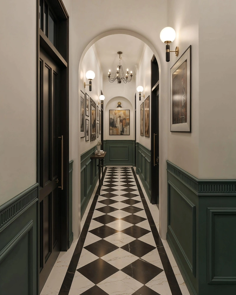 Sage Green Wainscoting with Globe Sconces and Framed Abstract Canvas Under Architectural Arches