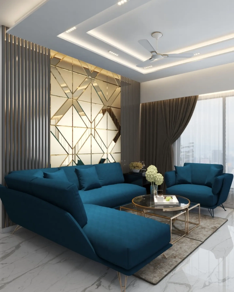 Sapphire Blue Seating with a Geometric Mirrored Feature Wall