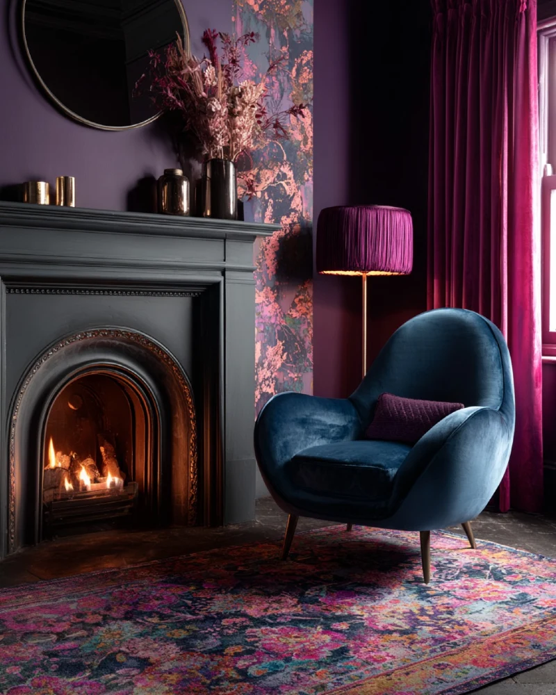 Sapphire Velvet Chair with Magenta Drapes and a Charcoal Fireplace
