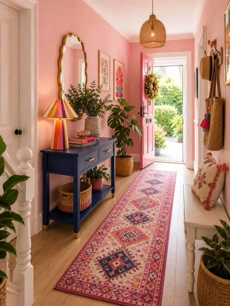 Scalloped Gold Mirror with Navy Console Table and Pink Geometric Bohemian Runner