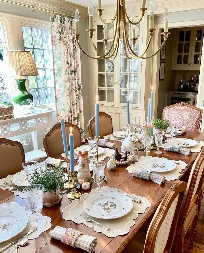 Scalloped Linens and Blue Taper Candles with Vintage Bird Plates