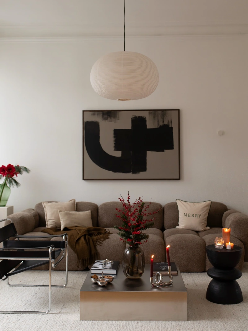 Sculptural Coffee Table with Berries, Candles, and Abstract Art