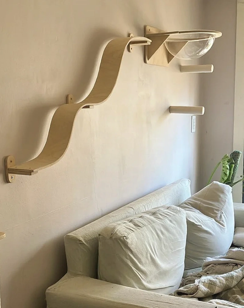 Sculptural Plywood Cat Bridge with Transparent Viewing Dome