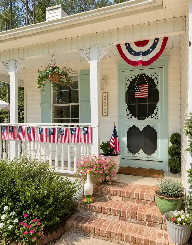 Seafoam Screen Door with Railing Flag Banner and Concrete Goose