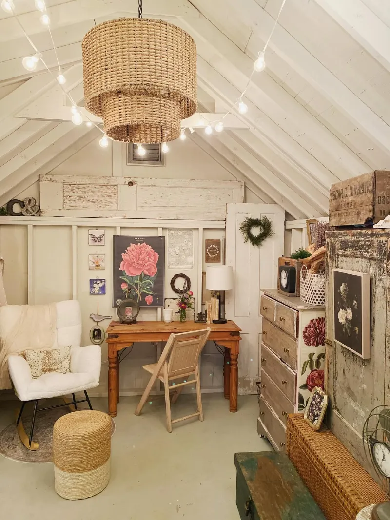 Shabby Chic White Studio with Vintage Furniture and Floral Accents