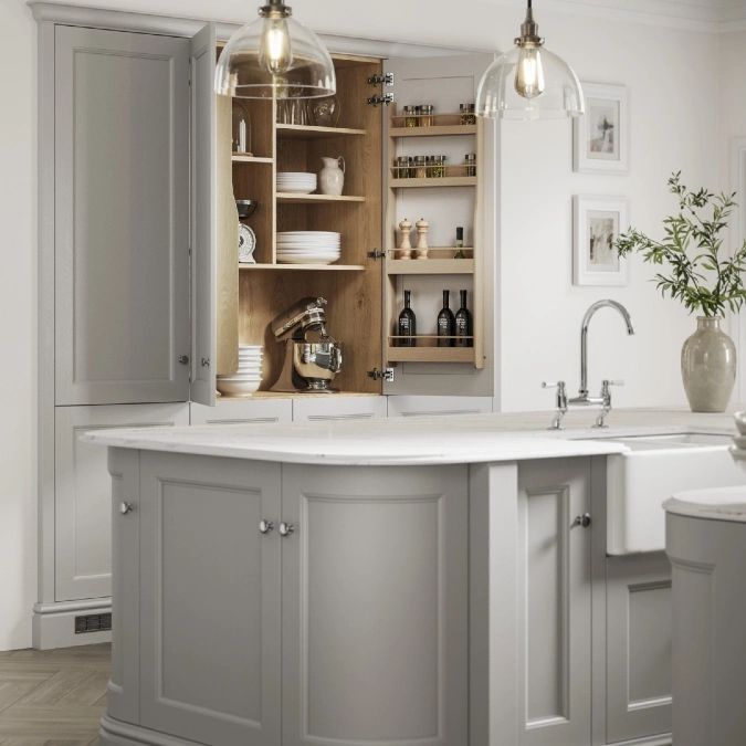 Shaker Larder Cabinet with Door Mounted Spice Rack Hides a Full Kitchen Inside