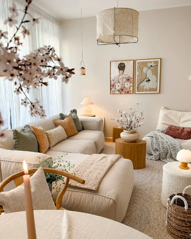 Sheer Curtains with Soft Floral Accents and Linen Drum Lighting