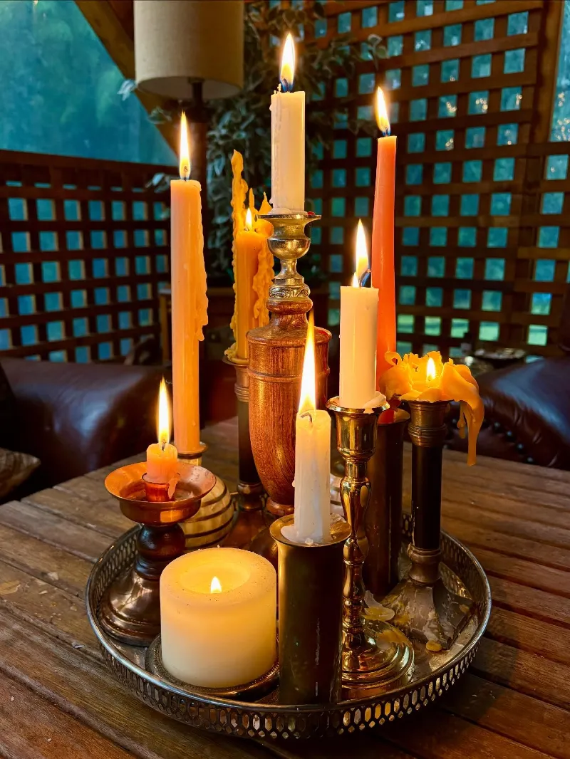 Silver Mesh Gallery Tray with Vintage Brass Candlesticks and Dripping Taper Candles