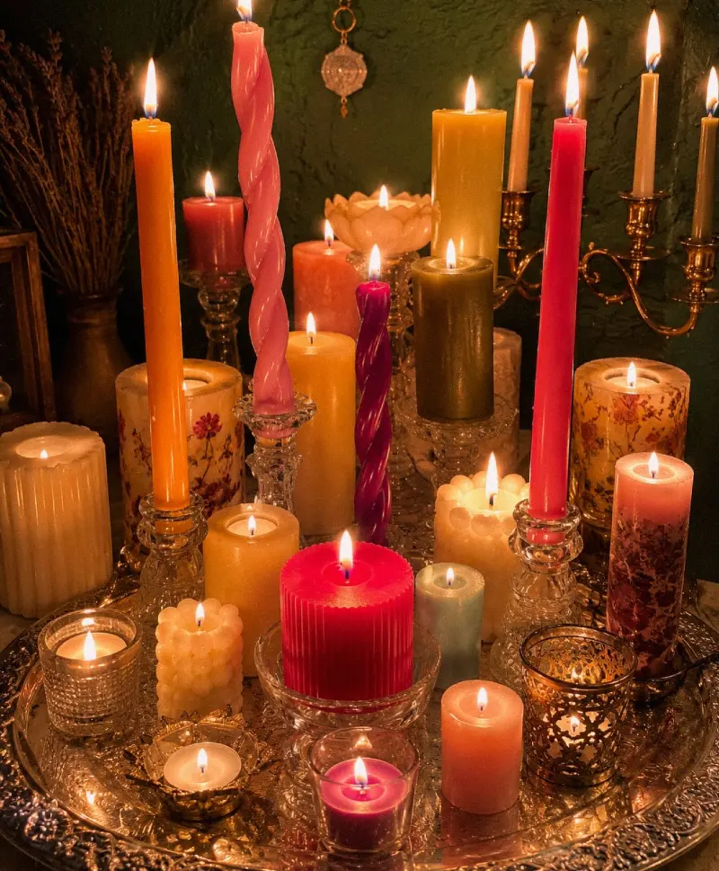 Silver Serving Tray Packed with Colorful Pillars, Twisted Tapers, and Floral Candle Cylinders