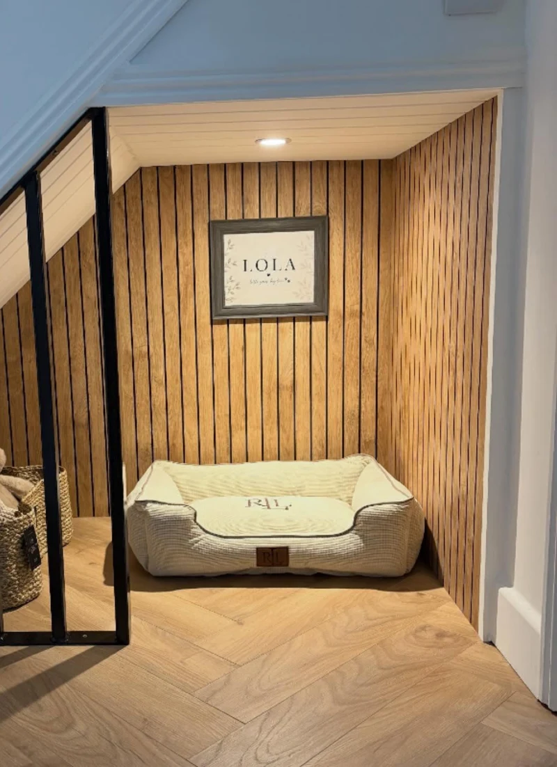 Slat-Wood Under-Stair Nook with Woven Basket Storage
