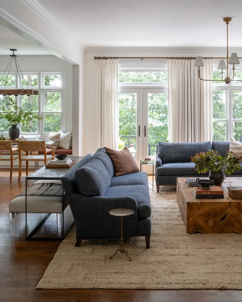 Slate Blue Sofa with Solid Block Wood Coffee Table and Low Jute Rug