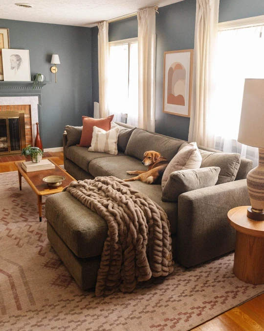 Slate Blue Walls And Olive Sectional Ground A Cozy Corner