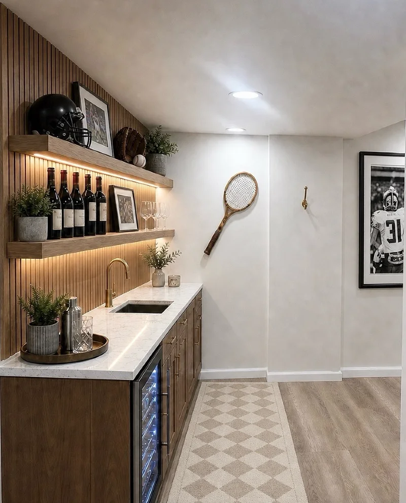 Slatted Wood Wet Bar Accent Wall with Integrated LED Lighting