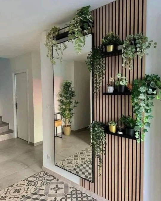 Slatted Wood and Mirror Plant Wall