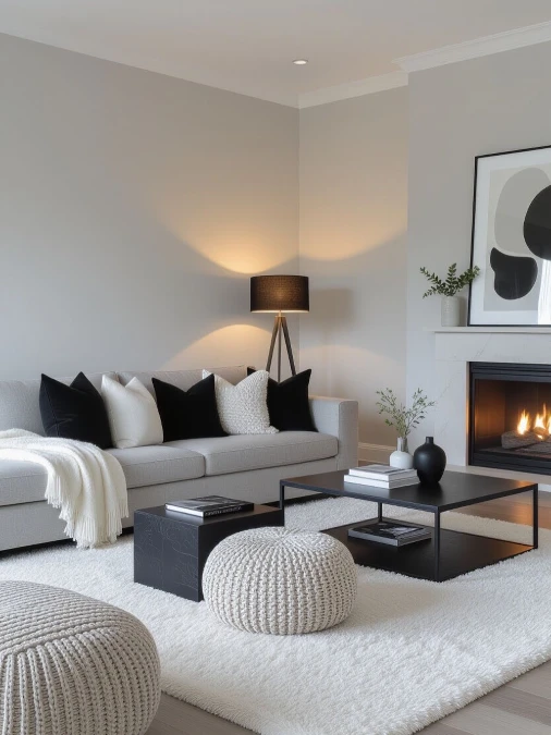Sleek Black Accents and Plush Gray Seating