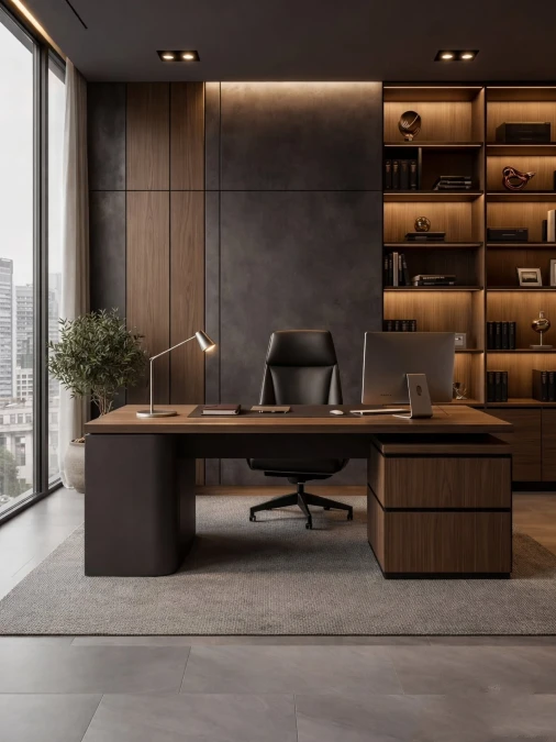 Sleek Executive Wood Panels With Warm LEDs