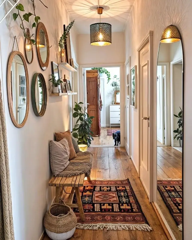 Slender Arched Floor Mirror with Oval Wood Wall Frames and Patterned Turkish Runner