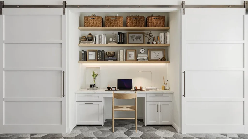 Sliding Barn Doors Reveal a Marble Topped Desk Closet