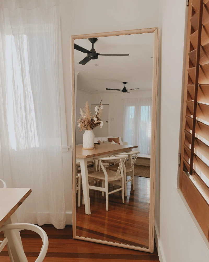 Slim Light Wood Floor Mirror with Natural Grain