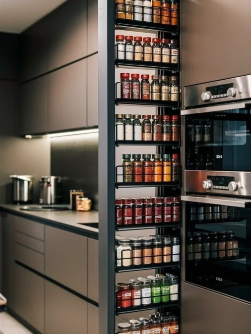 Slim Pull Out Spice Tower Between Oven Column and Cabinet Wall