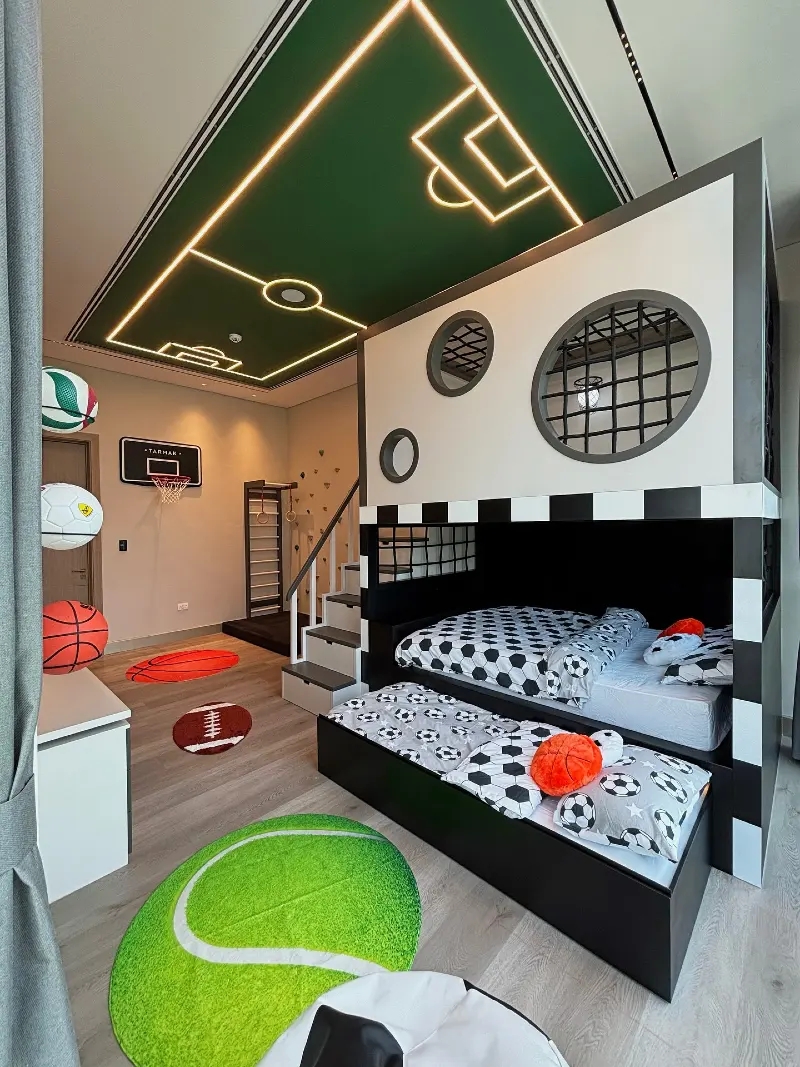 Soccer Field Illuminated Ceiling with Built-In Bunk Beds and Multi-Sport Accent Rugs