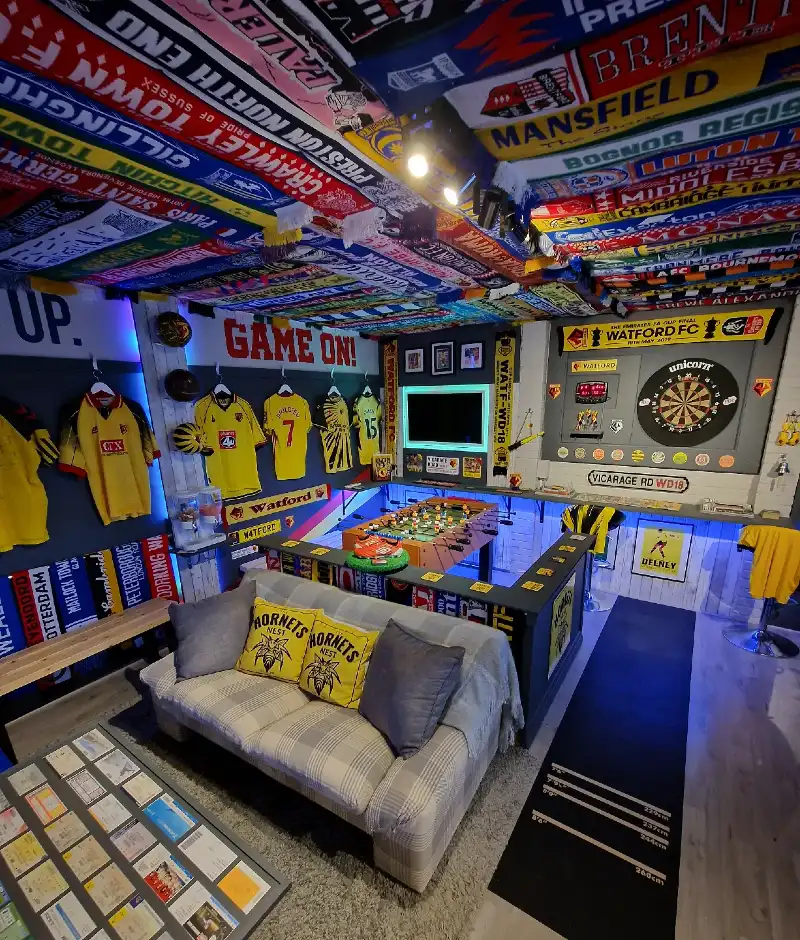 Soccer Scarf Ceiling Canopy with Dartboard Wall and Foosball Lounge