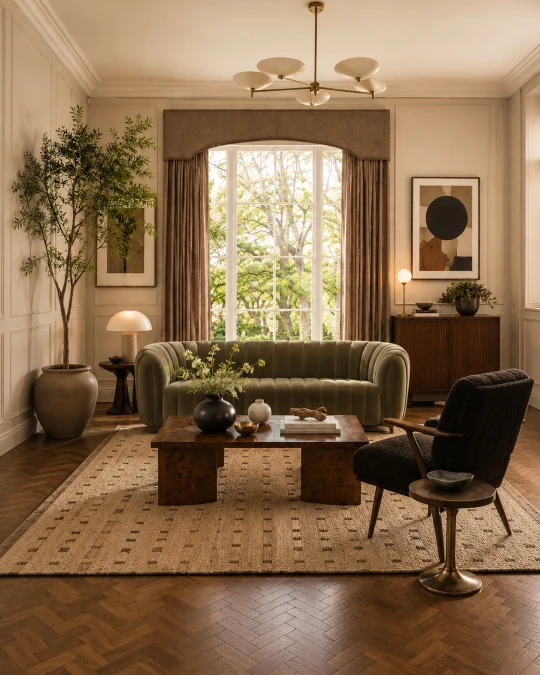 Soft Green Velvet And Dark Wood