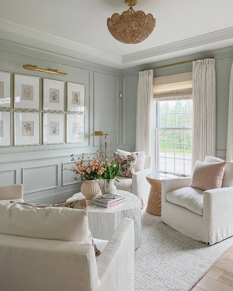 Soft White Swivel Club Chairs with Scalloped Woven Light Fixture