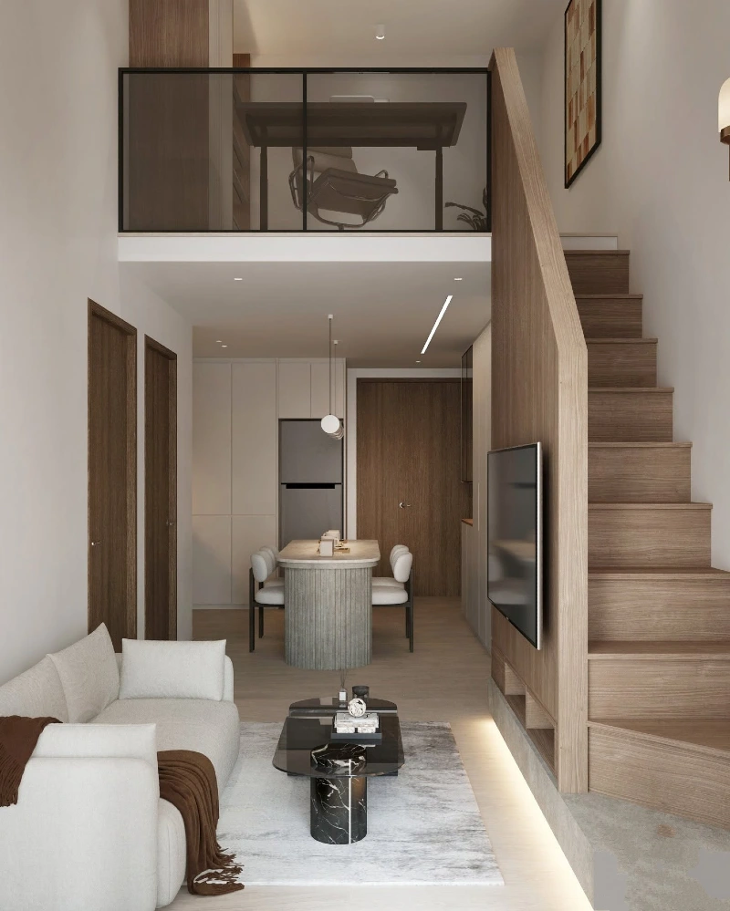 Solid Oak Staircase Media Wall with Smoked Glass Workspace Loft