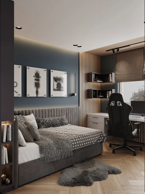 Sophisticated Daybed Layout with Wood Slat Zoning