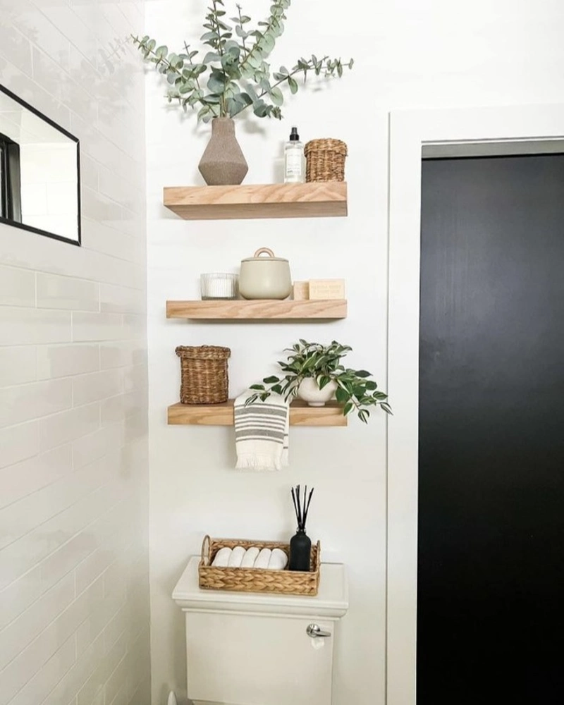 Stacked Natural Wood Shelves with Woven Textures