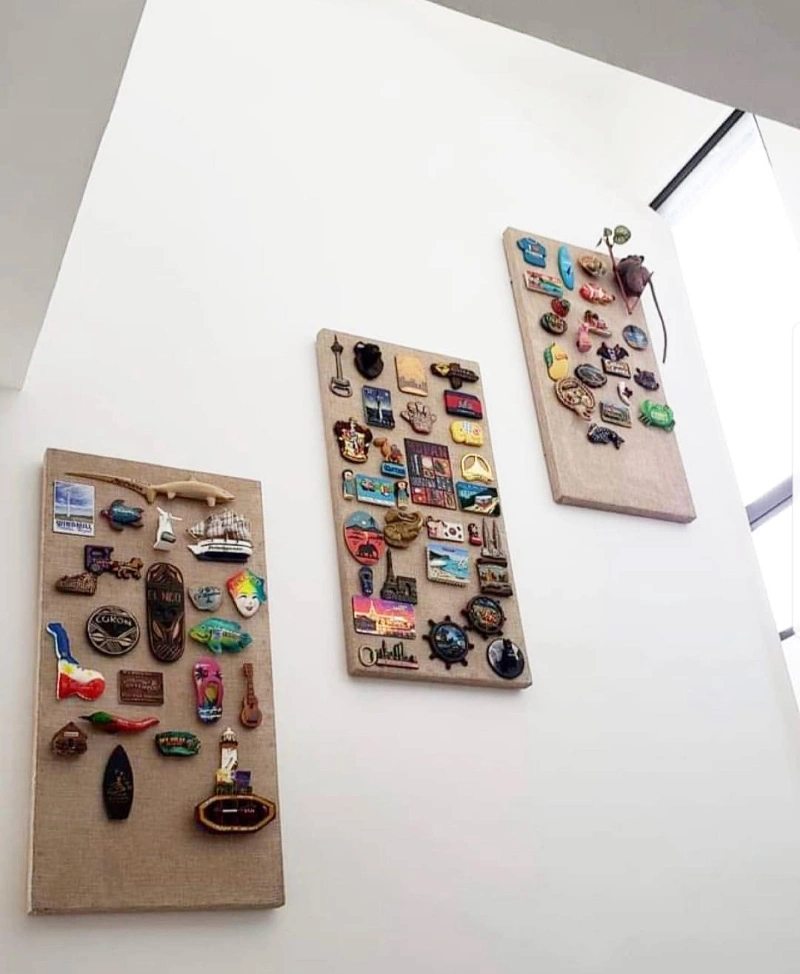 Staggered Linen Pinboards Mounted with Souvenir Travel Magnets