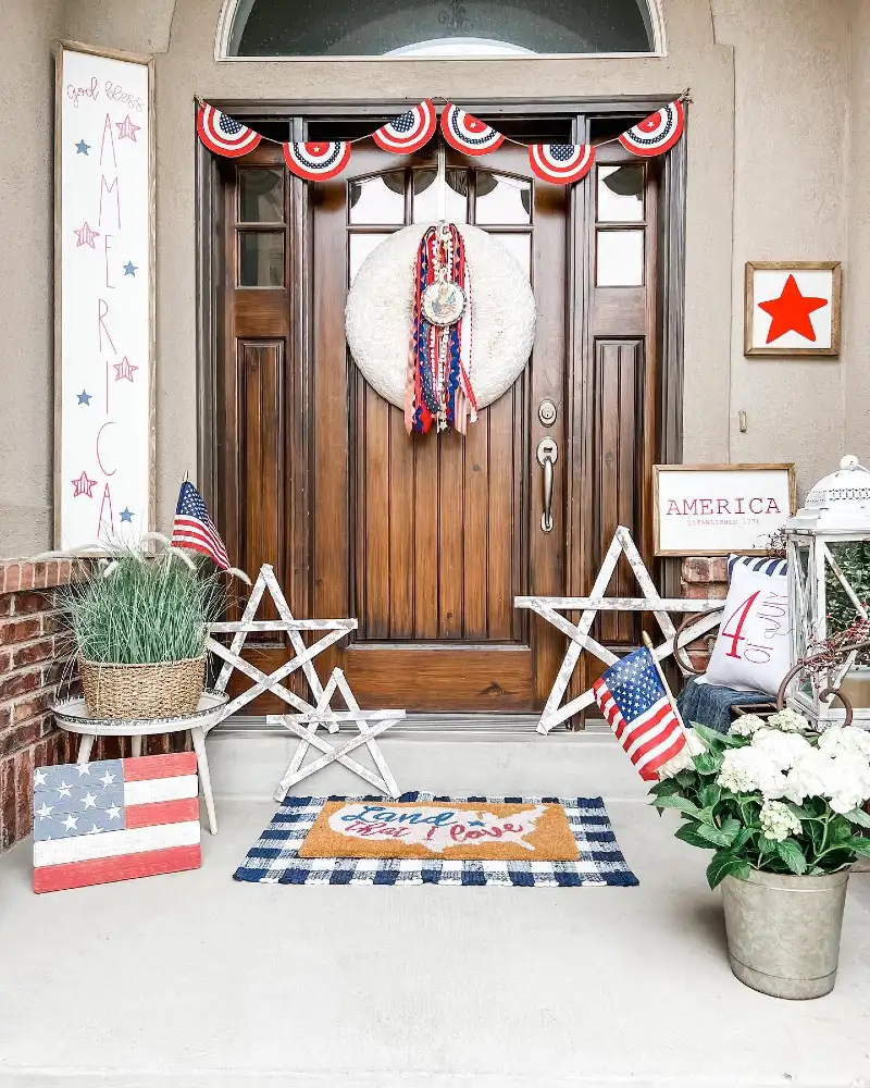 Stained Wood Doorway with Distressed Wooden Stars and Neutral Wreath