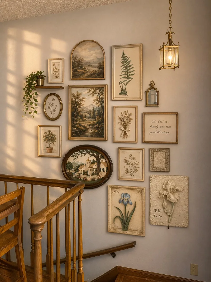 Stairwell Gallery Wall with Arched Frames, Botanical Art, and Brass Lantern Pendent