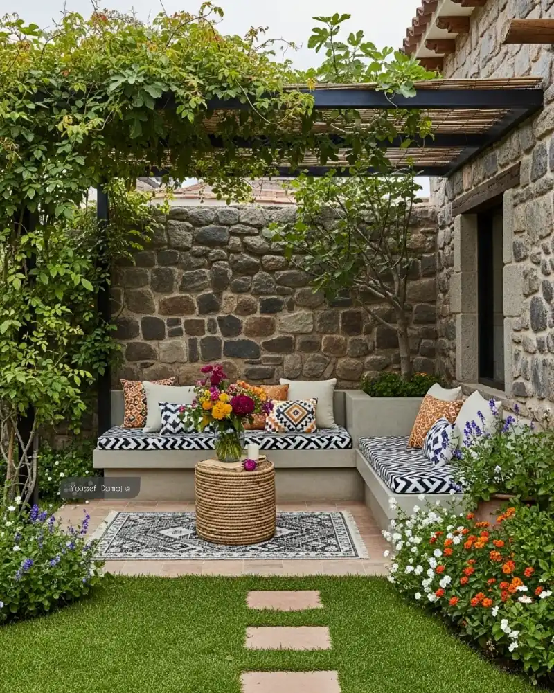 Stone Courtyard Seating with Built-In Benches and a Vine-Covered Pergola