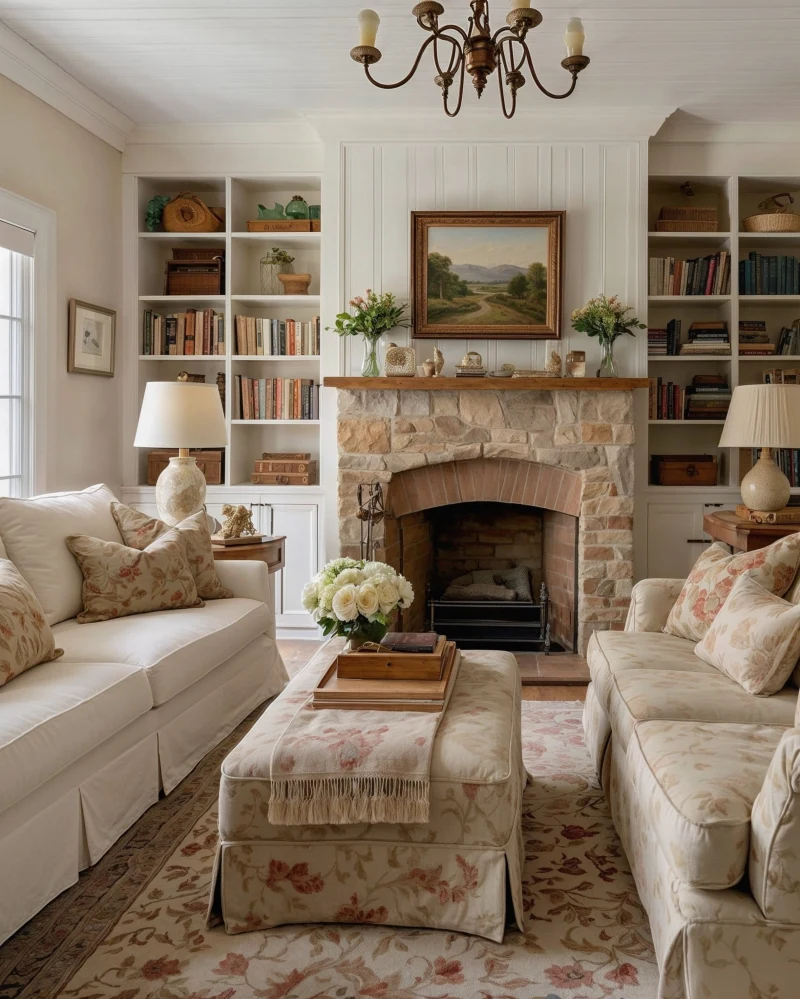 Stone Fireplace Framed by Matching Built In Bookcases