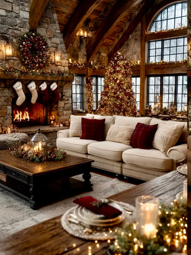Stone Hearth with Festive Stockings and Plaid Accent Pillows