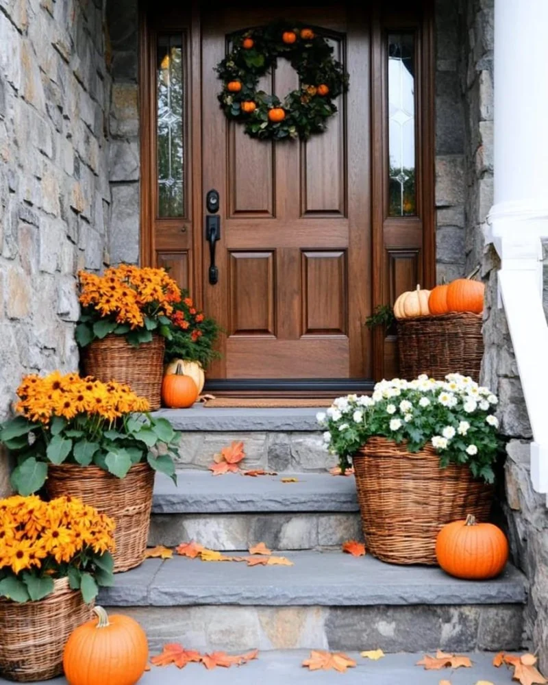 Stone Porch Steps with Woven Mum Baskets and Autumn Pumpkins