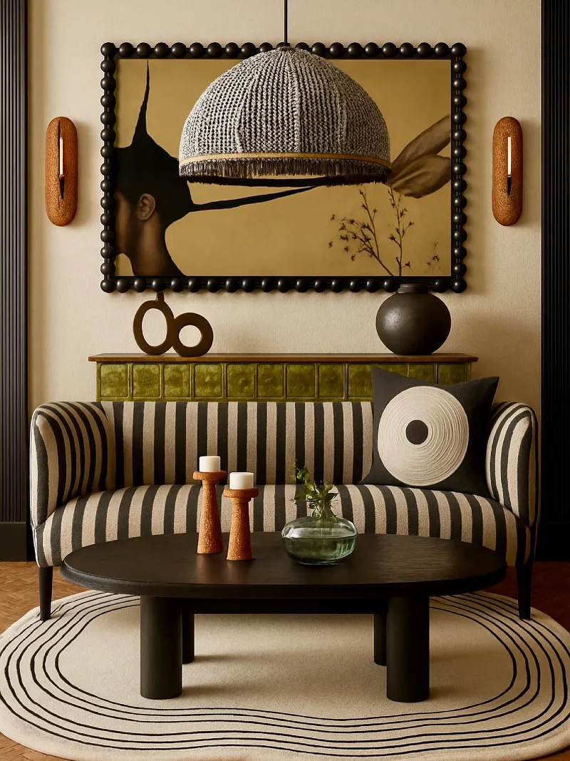 Striped Art Deco Settee with Bobbin-Framed Portrait, Woven Pendant, and Concentric Oval Rug