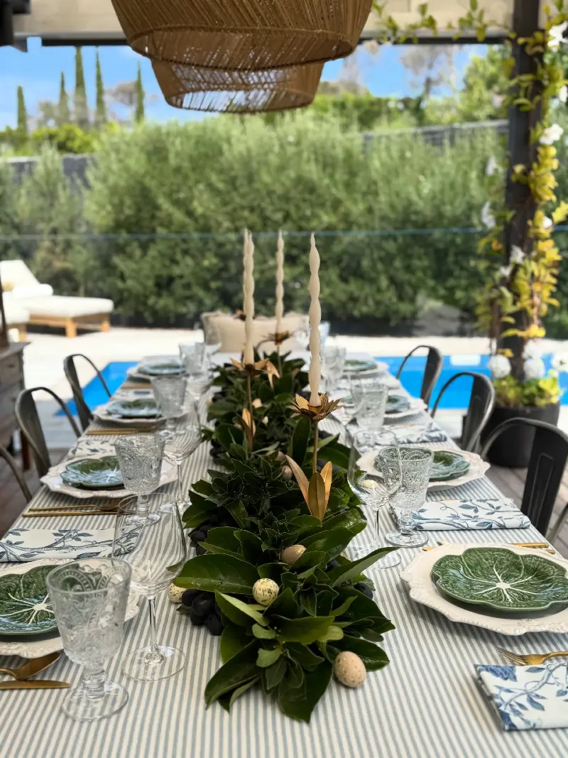 Striped Table with Fresh Greenery and Gold Accents