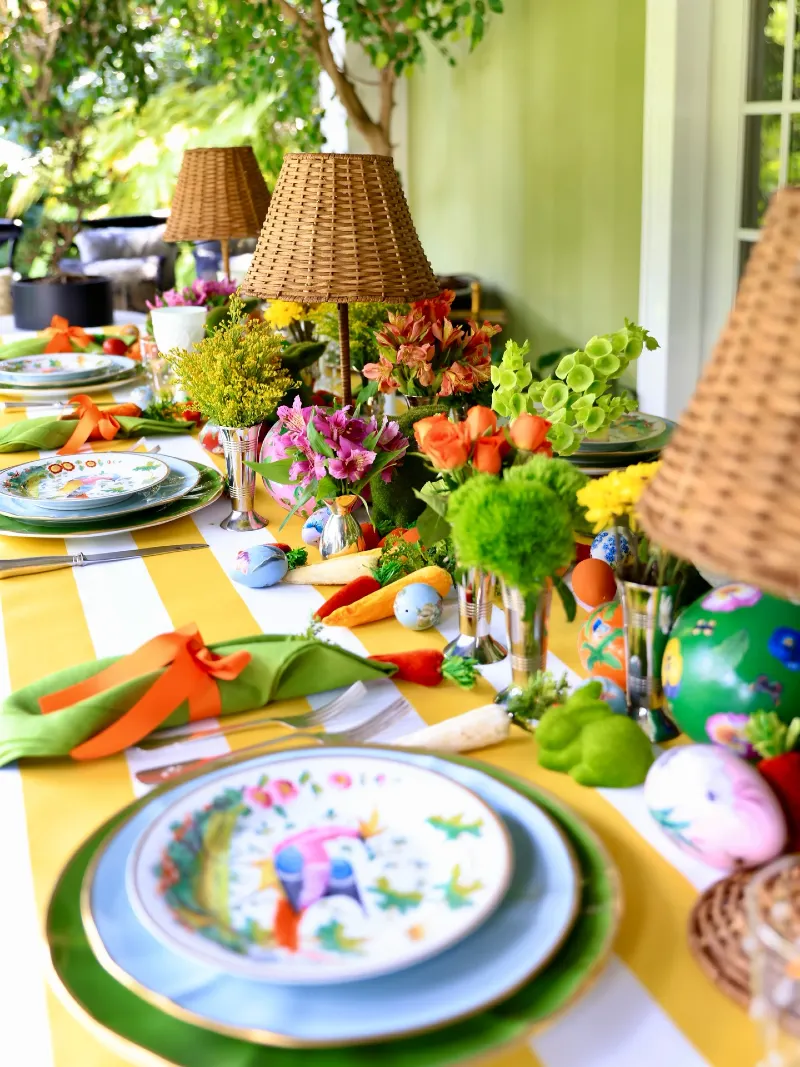 Striped Yellow Tablecloth with Woven Lamps and Vibrant Florals