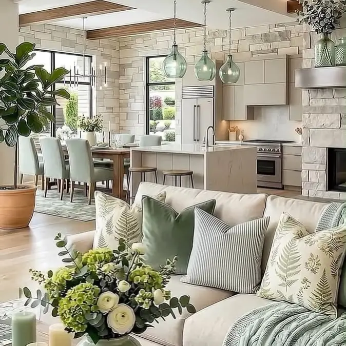 Subtle Green Tones and Textured Stone Walls