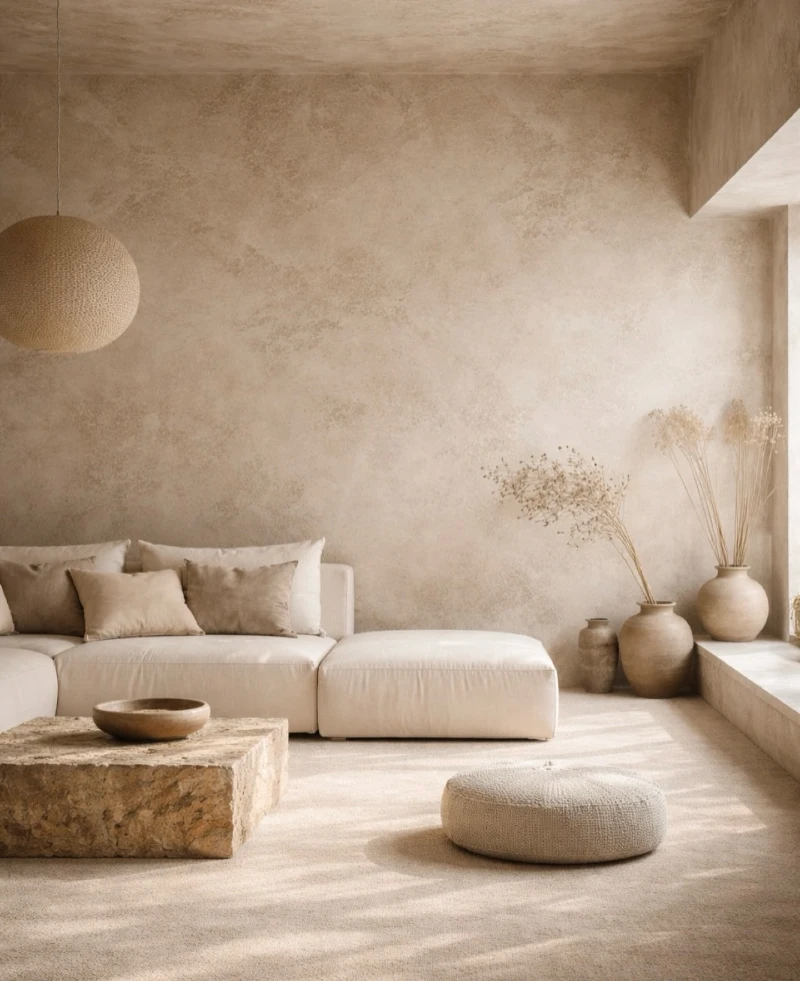 Sun-Drenched Niche with Earthy Plaster and Woven Textures