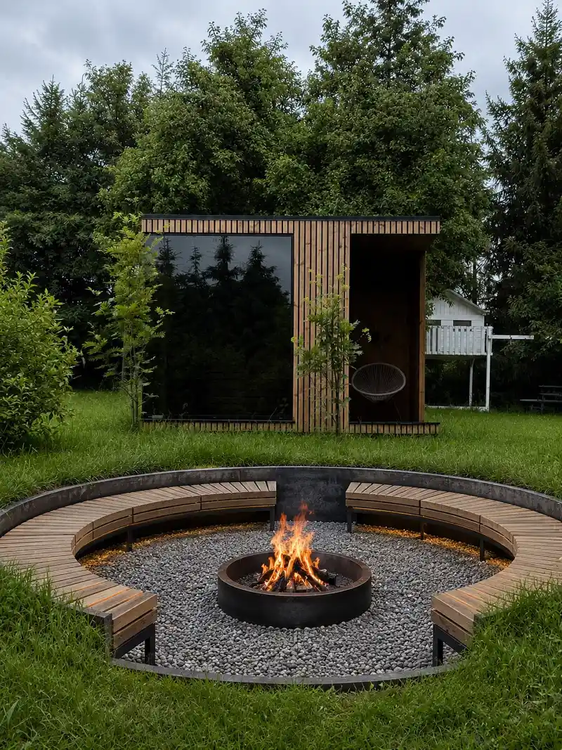 Sunken Circular Fire Pit with Curved Timber Bench and Backyard Studio