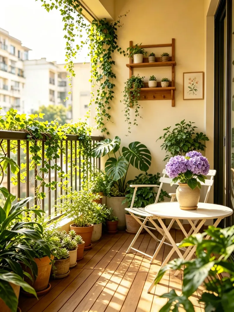 Sunlit Bistro Table with Climbing Ivy and Floating Wooden Shelves