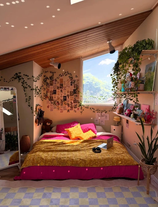 Sunlit Botanical Bedroom With Slanted Ceilings